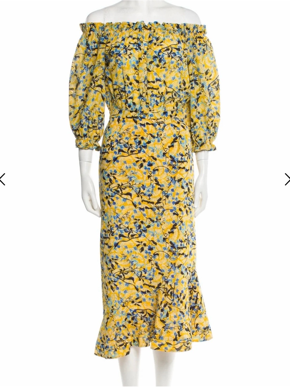 SALONI Yellow Floral Off-Shoulder Midi Dress with Blue Accents 100% Silk